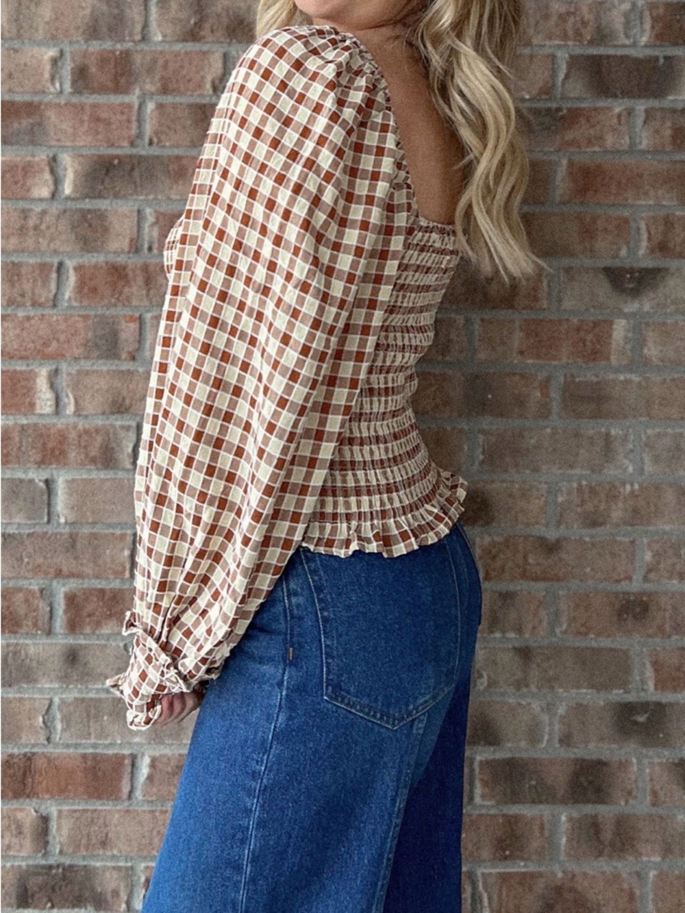 Molly Green Ginger Check Gingham Smocked Square Neck Top M - Picture 4 of 8